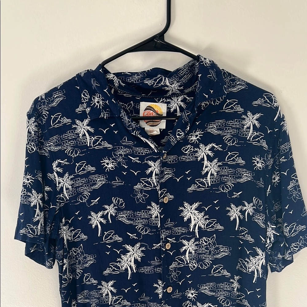Navy Blue Tropical Print Men's Shirt
